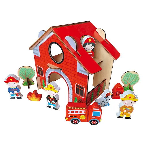Drewniana Remiza Strażacka SMILY PLAY z figurkami i autem