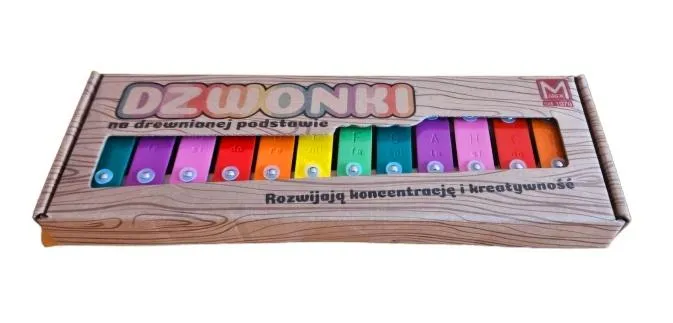 Dzwonki 12-tonowe kolorowe na drewnianej ramce, instrument dziecięcy