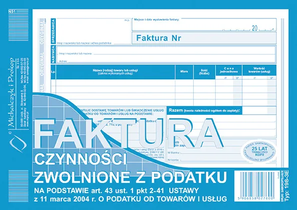 Faktura czynności zwolnione z podatku A5