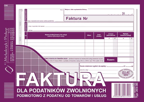 Faktura dla zwolnionych podmiotowo z VAT A5 poziom