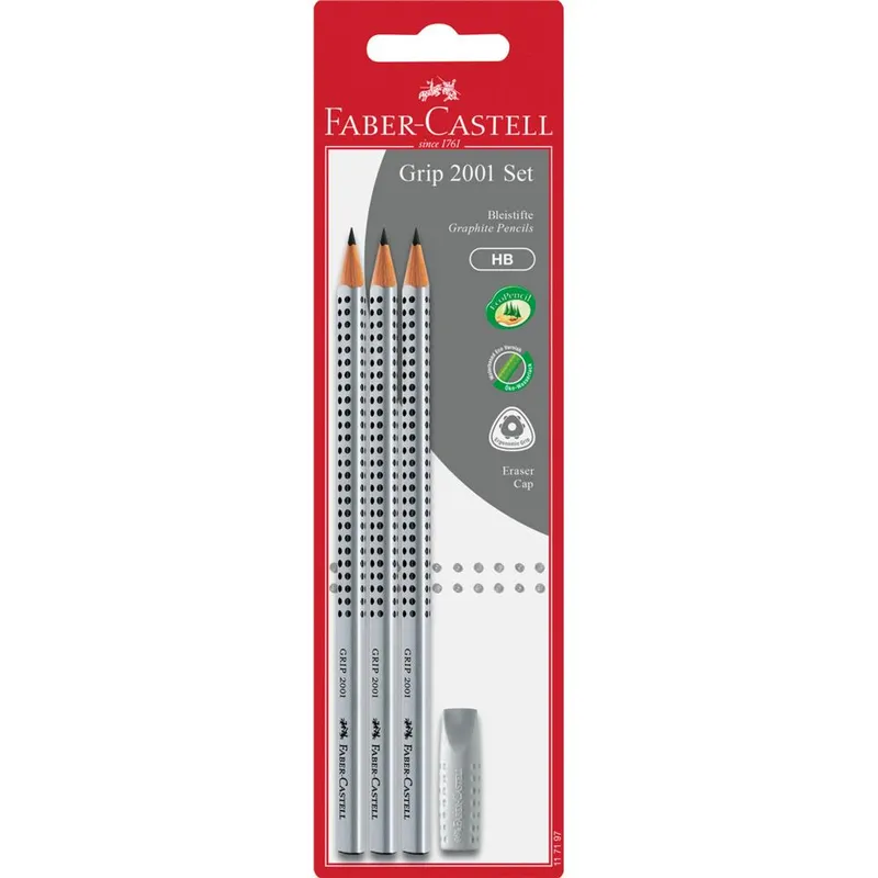 Grip 2001 zestaw srebrny 3x ołówek HB, gumka, Faber-Castell