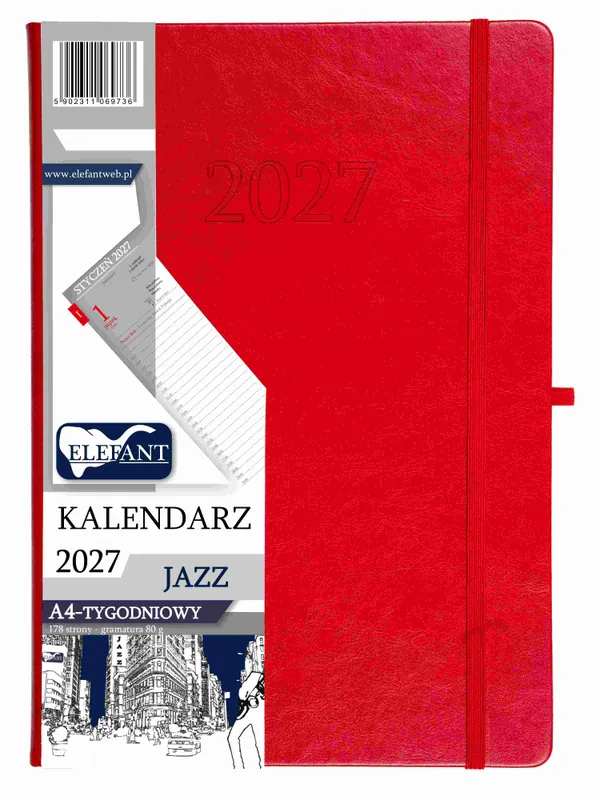Kalendarz 2027 Jazz A4 tygodniowy czerwony, oprawa twarda