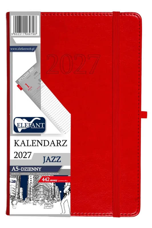 Kalendarz 2027 Jazz A5 dzienny czerwony, Elefant kalendarze