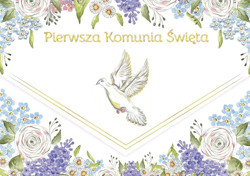 Karnet Komunia Gołąb majowy, złocony, z kopertą, Henry