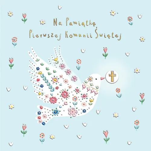 Karnet Komunia, Gołąb w kwiatach, złocony, wydawnictwo Henry