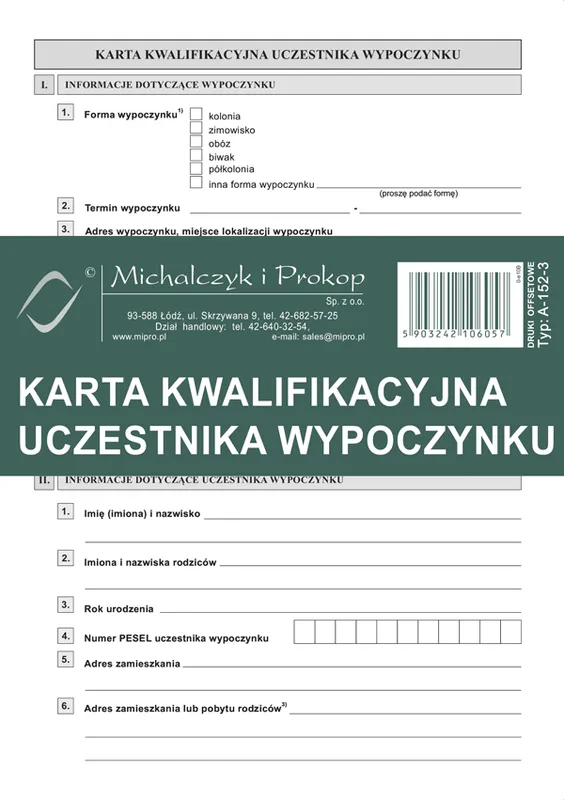 Karta kwalifikacyjna uczestnika wypoczynku, komplet 20 szt., MiP