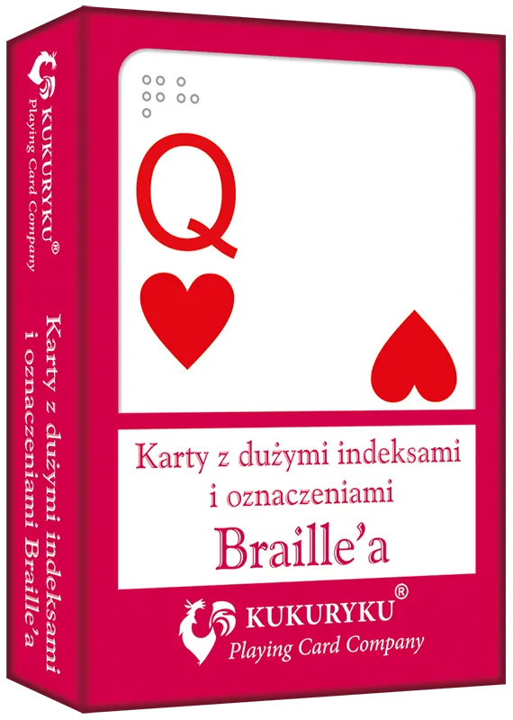 Karty do gry czerwone z indeksami i znakami Braille'a