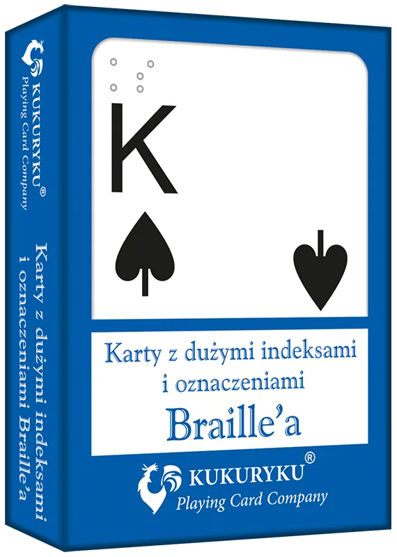 Karty do gry niebieskie z dużymi indeksami i znakami Braille'a, Kukuryku