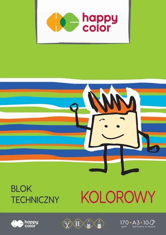Blok techniczny kolorowy A3 170g, 10 arkuszy, Happy Color