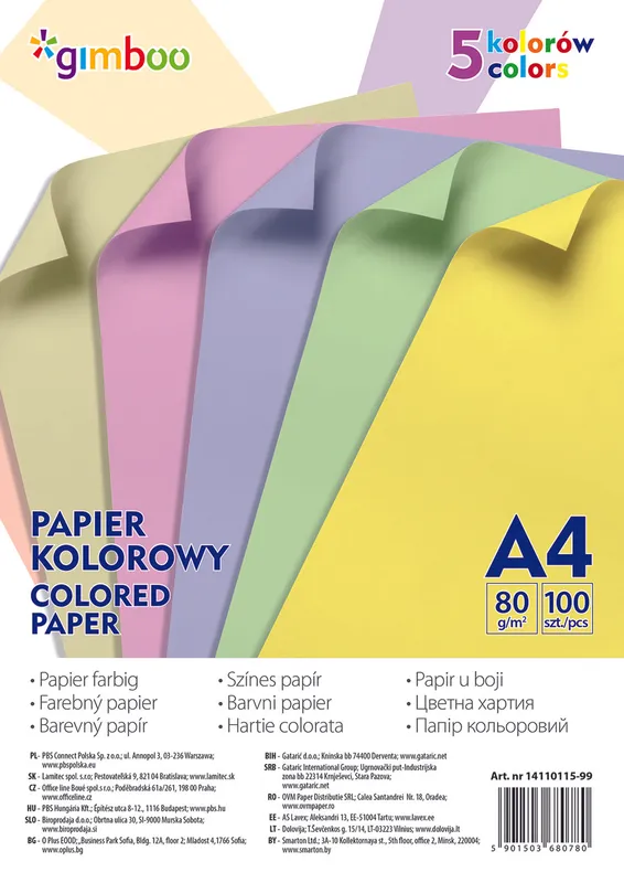 Papier kolorowy Gimboo A4, 100 arkuszy, pastele