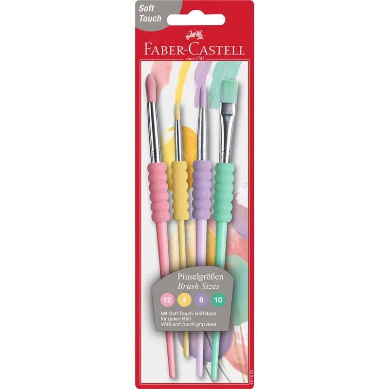 Pędzle szkolne Faber-Castell z miękkim uchwytem kolory pastelowe 4 sztuki