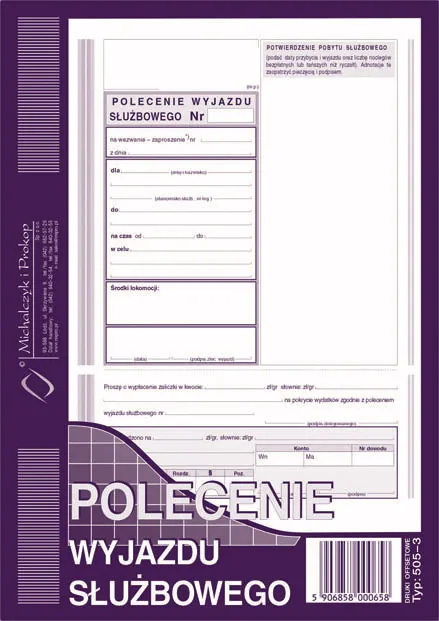 Polecenie wyjazdu służbowego A5, bloczek 40 kartek