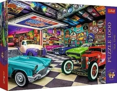 Puzzle 1000 Premium Plus Tea Time Garaż kolekcjonera samochodów, Trefl