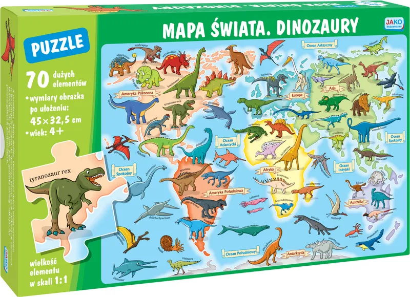 Puzzle 70, Mapa świata Dinozaury, JAKO