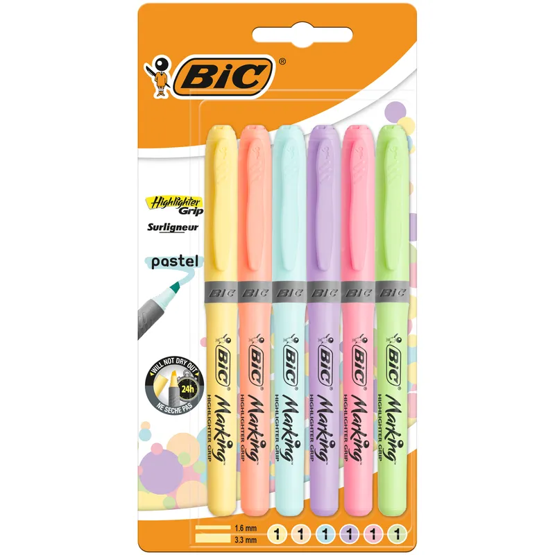 Zakreślacze BIC Highlighter Grip Pastel, blister 6 szt.