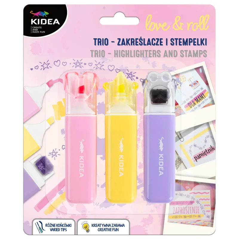 Zakreślacze i stempelki Trio love and roll Kidea, zestaw kreatywny